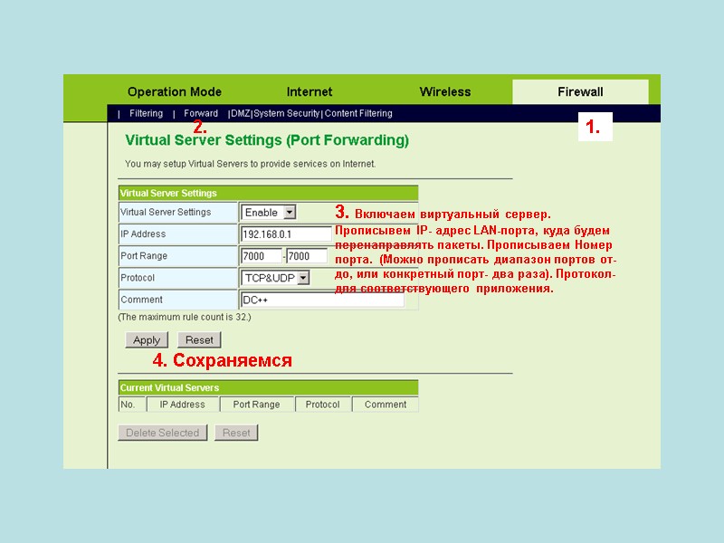 1. 2. 3. Включаем виртуальный сервер. Прописывем IP- адрес LAN-порта, куда будем перенаправлять пакеты.